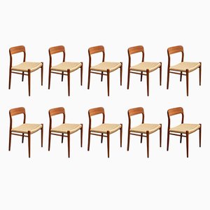 Model 75 Dining Chairs in Teak by Niels O. Møller for J.L. Møllers Møbelfabrik, 1950s, Set of 10