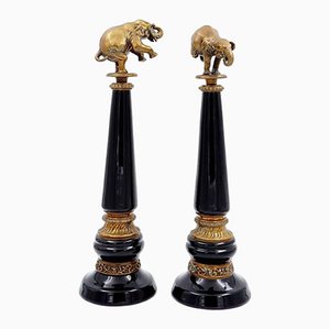 Bronze Elephants on Porcelain Columns with Bronze Borders by Wong Lee, Set of 2