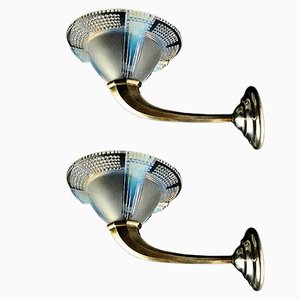 Art Deco Wall Sconces with Opalescent Glass Shades & Nickel-Plated Bronze Fixtures, France, 1930s, Set of 2