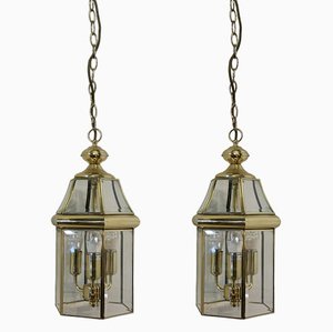 Art Deco Style Brass and Glass Hall Lanterns, 1970s, Set of 2