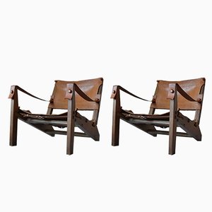 Brutalist Oak and Leather Lounge Chairs, 1960s, Set of 2