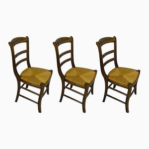 Chaises en Bois et Paille de Baumann, 1980s, Set de 3