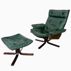 Vintage Mid-Century Bottle Green Leather Lounge Swivel Base Chair & Ottoman, 1970, Set of 2