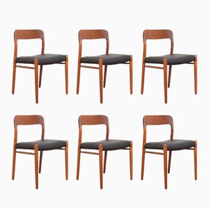 Chaises de Salle à Manger Modèle 75 Mid-Century en Teck et Cuir par NO Møller pour JL Møller, Danemark, 1960s, Set de 6