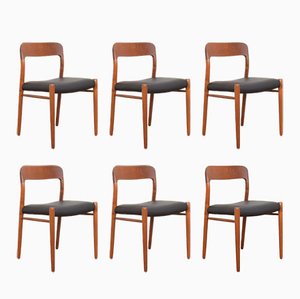 Mid-Century Danish Teak & Leather Model 75 Dining Chairs by N. O. Møller for J.L. Møller, 1960s, Set of 6