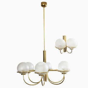 Mid-Century Modern Brass Chandelier and Wall Light, 1960s, Set of 2