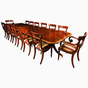 Vintage Three Pillar Mahogany Dining Table with Chairs, 1980s, Set of 15