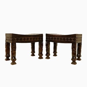 African Carved Wood Stools, Set of 2