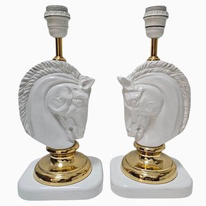 Hollywood Regency Ceramic and Brass Horse Heads Table Lamps, Austria, 1970s, Set of 2