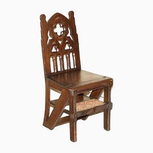 English Gothic Metamorphic Library Steps Chair in Ornately Carved Oak, 1850s