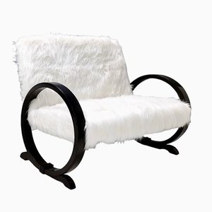 Vintage White Faux Fur Sofa with Black Wooden Frame, Italy, 1940s