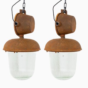 Large Czech Industrial Rusted Pendant Lights, Set of 2