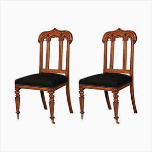 Antique Victorian Gothic Style Oak Side Chairs, Set of 2