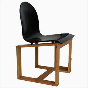 Mid-Century Italian Chair with Cubic Wood Structure and Curved Seat, 1970s