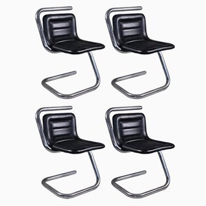 Black Leather Chairs and Metal Tubular, Set of 4