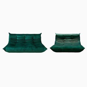 Bottle Green Velvet Togo 2- and 3-Seat Sofa by Michel Ducaroy for Ligne Roset, Set of 2