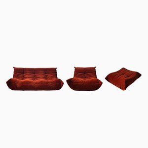 Amber Corduroy Togo Lounge Chair, Pouf and 3-Seat Sofa by Michel Ducaroy for Ligne Roset, Set of 3