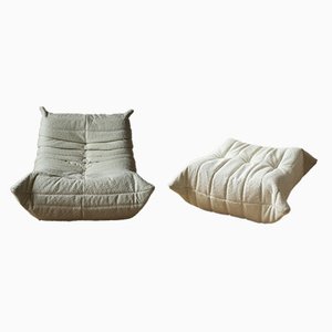 Fauteuil et Pouf Bouclette Blancs par Michel Ducaroy pour Ligne Roset, Set de 2