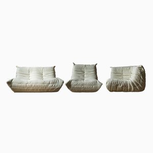 Weißer Bouclette Togo Sessel, Ecksessel und 2-Sitzer Sofa von Michel Ducaroy für Ligne Roset, 3er Set