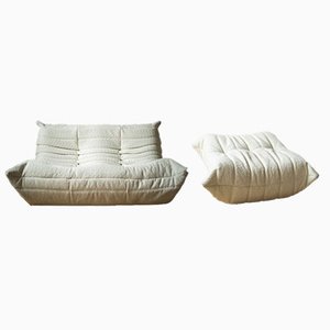 White Bouclette Togo Pouf and 2-Seat Sofa by Michel Ducaroy for Ligne Roset, Set of 2