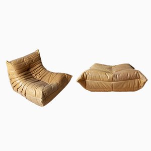 Camel Brown Leather Togo Lounge Chair and Pouf by Michel Ducaroy for Ligne Roset, Set of 2
