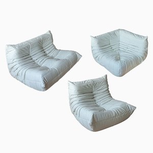 White Leather Togo Lounge Chair, Corner and 2-Seat Sofa by Michel Ducaroy for Ligne Roset, Set of 3