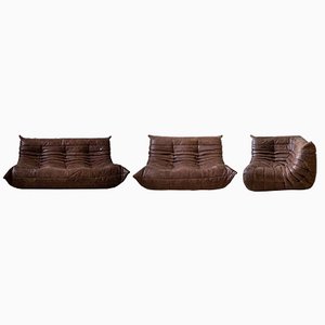 Dark Brown Leather Togo Corner Chair, 2- and 3-Seat Sofa by Michel Ducaroy for Ligne Roset, Set of 3