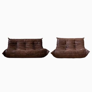 Divano a due e tre posti Togo in pelle marrone scuro di Michel Ducaroy per Ligne Roset, set di 2