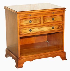 Vintage Burr Yew Wood Bedside Table with Drawers with Butlers Serving Tray