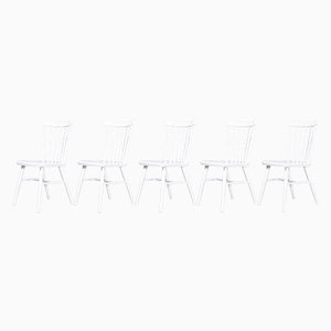 White Painted Stick Back Dining Chairs from Ton, 1950s, Set of 5