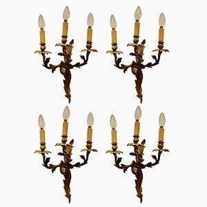 Large French Brass 3-Branch Wall Lights, 1890s, Set of 4