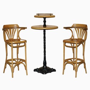 Tabourets de Bar en Bois Courbé & Plateau de Bar Cocktail en Fonte de Thonet, Set de 3