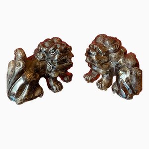 Ming Dynasty Style Foo Lions in Smoky Quartz on Base, 1800s, Set of 2