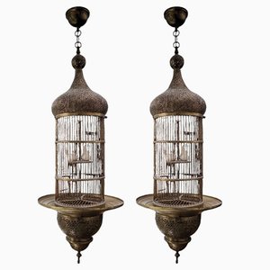 Lampade vintage a forma di gabbia per uccelli in ottone, set di 2
