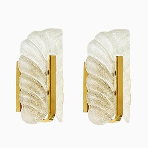 Scandinavian Glass and Brass Leaf Wall Lights by Carl Fagerlund for Orrefors, 1960s, Set of 2