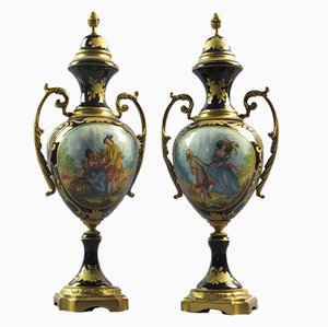 Amphora Vases in Porcelain and Golden Bronze, France, 1940s, Set of 2