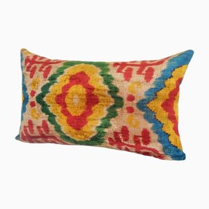 Housse de Coussin Décorative İkat en Patchwork de Soie et Velours Jaune