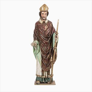 Estatua de obispo italiana policromada de roble tallado, siglo XVIII
