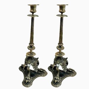 Candelabros antiguos de latón fundido, década de 1900. Juego de 2