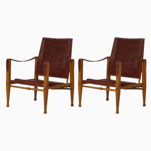 Kaare Klint Safari Lounge Chairs in Red Leather and Ash, Rud Rasmussen, 1950s From Rud. Rasmussen, Set of 2