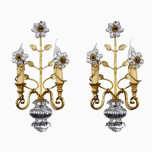 Gilded Metal & Crystal Wall Lamps from Maison Bagues, 1960s, Set of 2