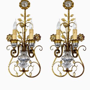 Gilded Metal & Crystal Wall Lamps from Maison Bagues, 1960s, Set of 2