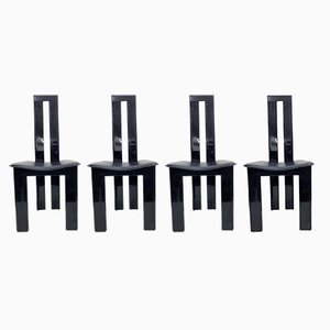 Black Piano Lacquer and Leather Dining Chairs, 1970s, Set of 4