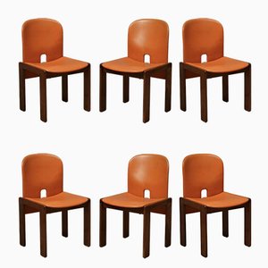 Model 121 Dining Chairs in Leather and Walnut by Afra and Tobia Scarpa for Cassina, 1967, Set of 6