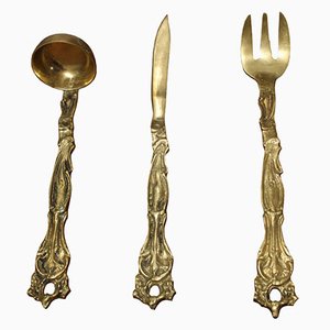 Large Decorative Brass Cutlery Set, Italy, 1950s, Set of 3
