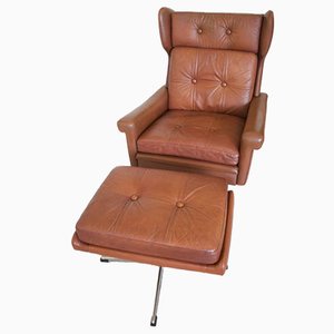 Chaise Pivotante et Repose-pieds Vintage en Cuir Cognac de Skipper, Danemark, 1964, Set de 2