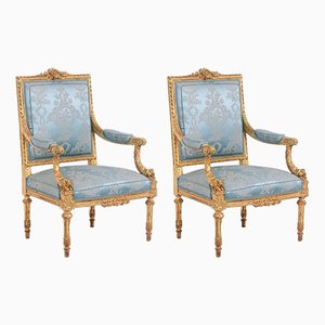 Louis XVI Style Armchairs in Gilded and Carved Wood, 1880, Set of 2