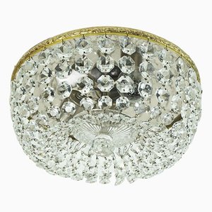 Hollywood Regency Crystal Glass Ceiling Light Plafoniere with Glass Crystals, Brass & Metal, 1960s