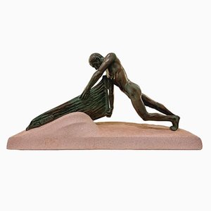 Max Le Verrier, Art Deco Nude Male Figure Pushing a Boat, 1930s, Metal