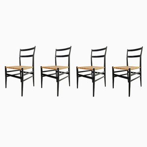 Mod. 646 Dining Chairs in Black Ash and Straw by Gio Ponti for Cassina, 1952, Set of 4